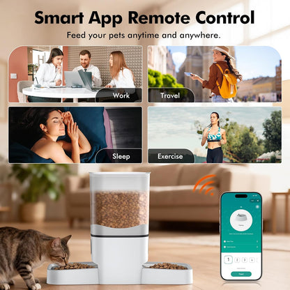 Smart WiFi Automatic Cat Feeder for Two Cats - 6L Capacity with Dual Stainless Steel Bowls, APP Control, and Voice Recorder