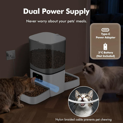 Smart WiFi Automatic Cat Feeder for Two Cats - 6L Capacity with Dual Stainless Steel Bowls, APP Control, and Voice Recorder